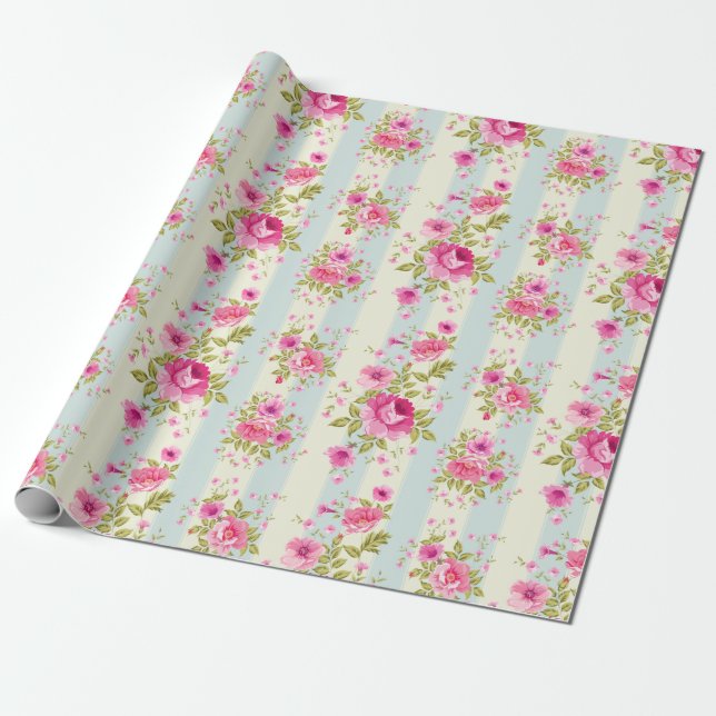 Pretty Pink Rose Pattern Wrapping Paper (Unrolled)