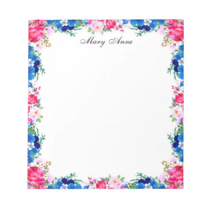 Pretty Pink Roses And Blue Flowers Personalized Notepad