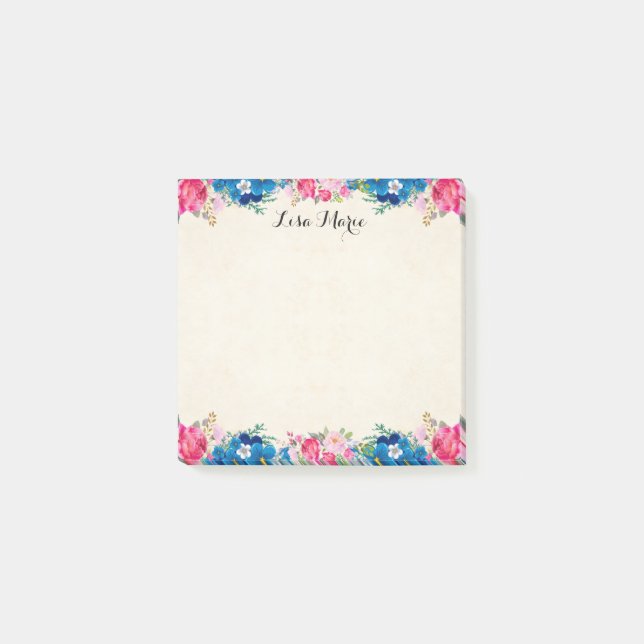 Pretty Pink Roses And Blue Flowers Personalized Post-it Notes (Front)