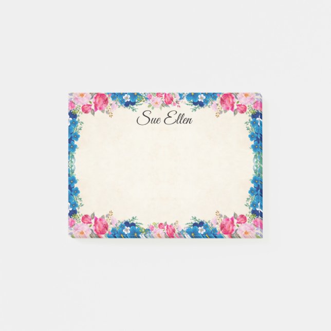 Pretty Pink Roses And Blue Flowers Personalized Post-it Notes (Front)