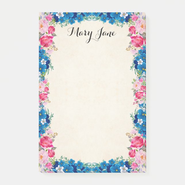 Pretty Pink Roses And Blue Flowers Personalized Post-it Notes (Front)