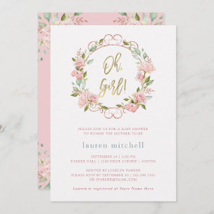 Pretty Pink Roses and Gold Script Baby Shower Invitation
