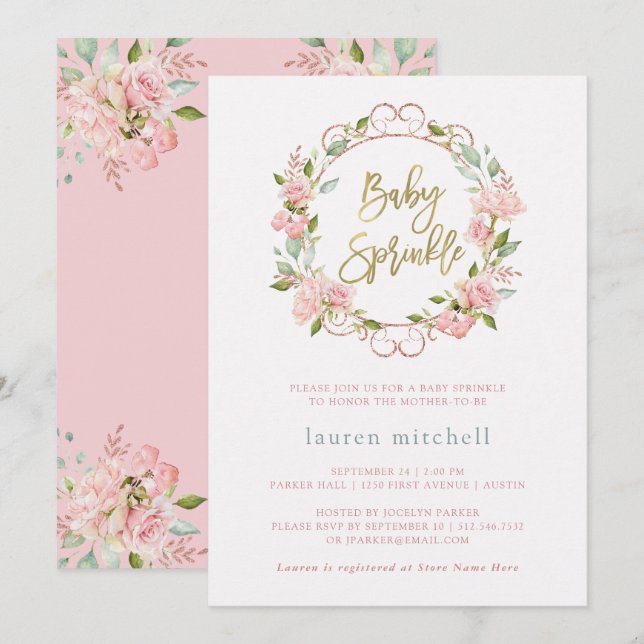 Pretty Pink Roses and Gold Script | Baby Sprinkle Invitation (Front/Back)