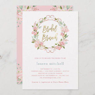 Pretty Pink Roses and Gold Script Bridal Brunch Invitation