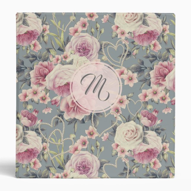 Pretty Pink Roses and Pearl Hearts Monogram Binder (Front)