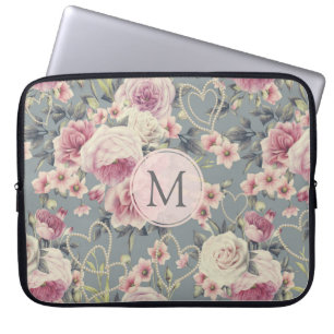 Pretty Pink Roses and Pearl Hearts Monogram Laptop Sleeve