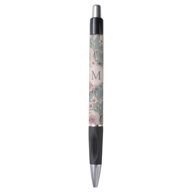 Pretty Pink Roses and Pearl Hearts Monogram Pen (Front Vertical)