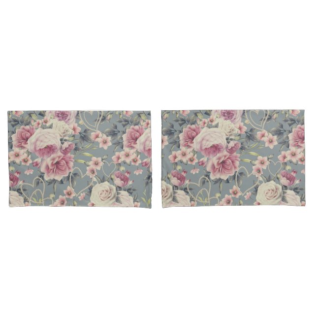 Pretty Pink Roses and Pearl Hearts Pattern Grey Pillowcase (Front-Set)