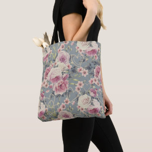 Pretty Pink Roses and Pearl Hearts Pattern Grey Tote Bag