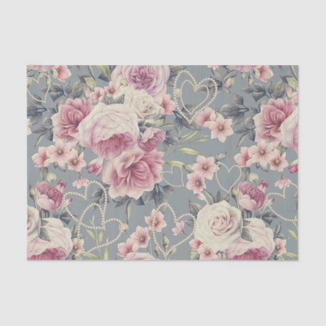 Pretty Pink Roses and Pearl Hearts Tissue Paper (Front)