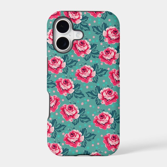 Pretty Pink Roses and Polka Dot Pattern on Teal (Verso)