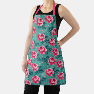 Pretty Pink Roses and Polka Dot Pattern on Teal Apron