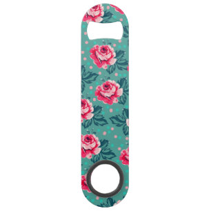 Pretty Pink Roses and Polka Dot Pattern on Teal Bar Key