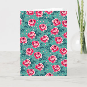 Pretty Pink Roses and Polka Dot Pattern on Teal Card