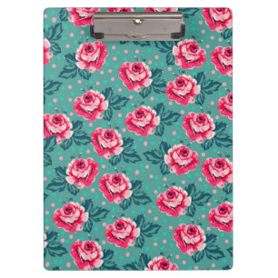 Pretty Pink Roses and Polka Dot Pattern on Teal Clipboard