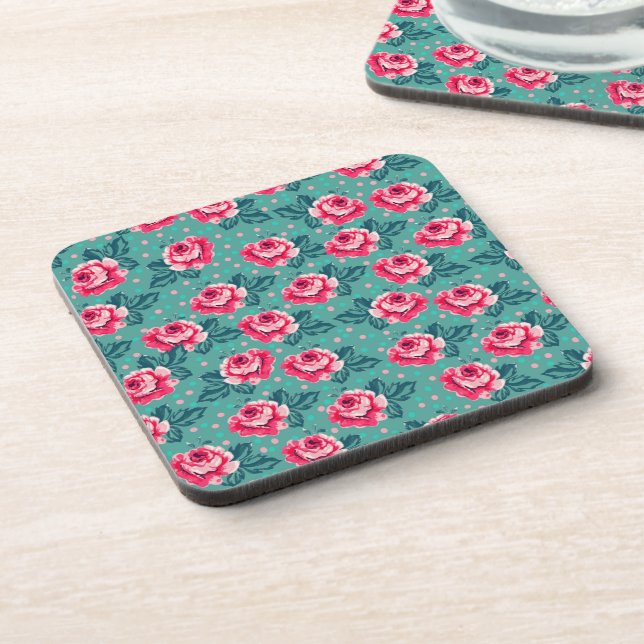 Pretty Pink Roses and Polka Dot Pattern on Teal Coaster (Left Side)