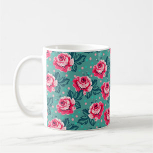 Pretty Pink Roses and Polka Dot Pattern on Teal Coffee Mug