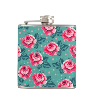 Pretty Pink Roses and Polka Dot Pattern on Teal Hip Flask