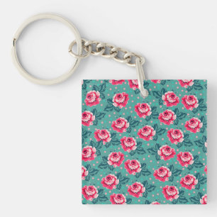 Pretty Pink Roses and Polka Dot Pattern on Teal Keychain