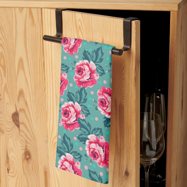 Pretty Pink Roses and Polka Dot Pattern on Teal Kitchen Towel (Thirds Fold)