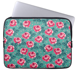 Pretty Pink Roses and Polka Dot Pattern on Teal Laptop Sleeve