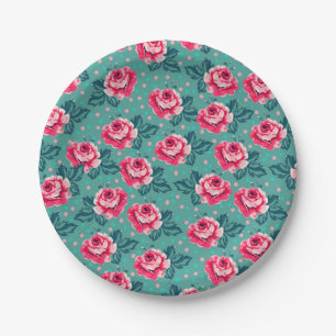Pretty Pink Roses and Polka Dot Pattern on Teal Paper Plate