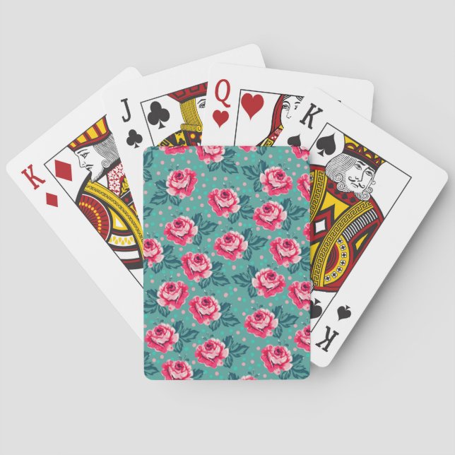 Pretty Pink Roses and Polka Dot Pattern on Teal Playing Cards (Back)