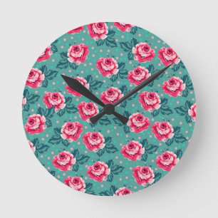 Pretty Pink Roses and Polka Dot Pattern on Teal Round Clock