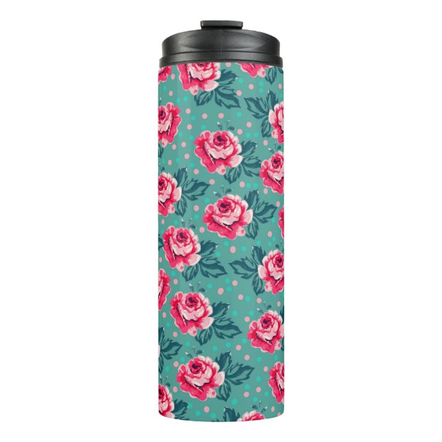 Pretty Pink Roses and Polka Dot Pattern on Teal Thermal Tumbler (Front)