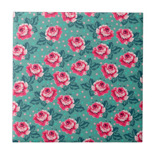 Pretty Pink Roses and Polka Dot Pattern on Teal Tile