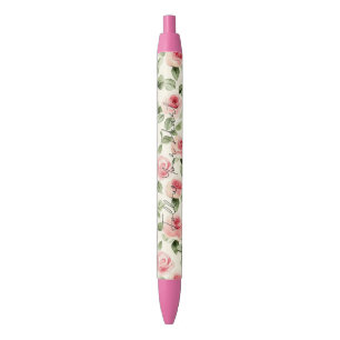 Pretty Pink Roses Black Ink Pen