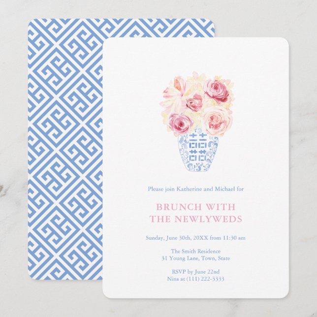 Pretty Pink Roses Blue And White Newlyweds Brunch Invitation (Front/Back)