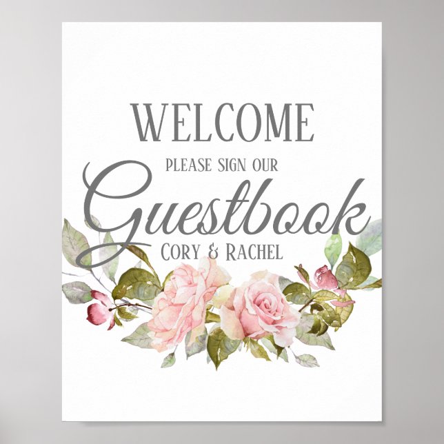 Pretty Pink Roses Bouquet Wedding Sign Poster (Front)
