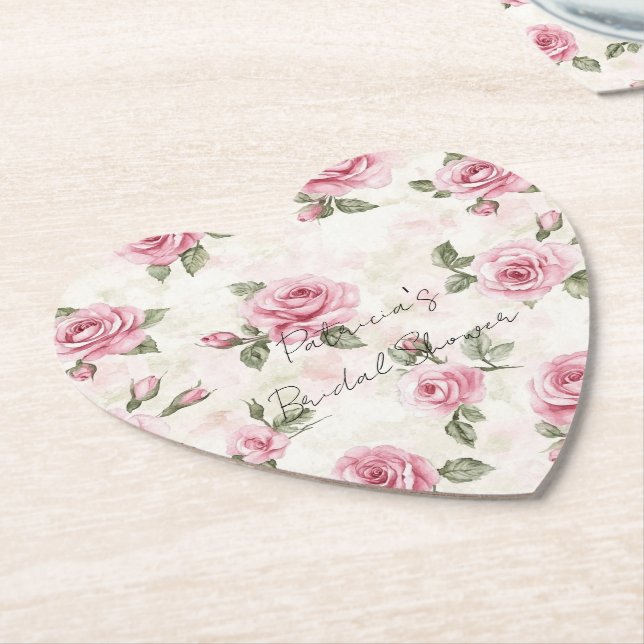 Pretty Pink Roses Bridal Shower Paper Coaster (Angled)