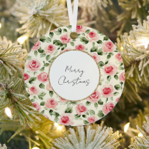 Pretty Pink Roses Christmas Metal Ornament
