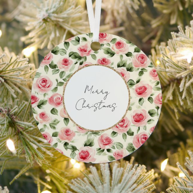 Pretty Pink Roses Christmas Metal Ornament (Insitu)