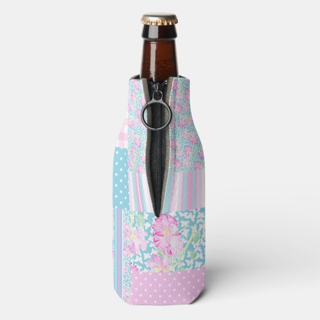 Pretty Pink Roses Faux Patchwork Bottle Cooler (Bottle Back)