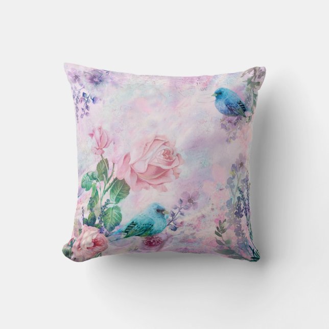 Pretty Pink Roses Floral Birds on Lavender Pastel Throw Pillow (Front)