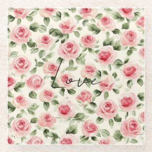Pretty Pink Roses Floral Bridal Shower Glass Coaster