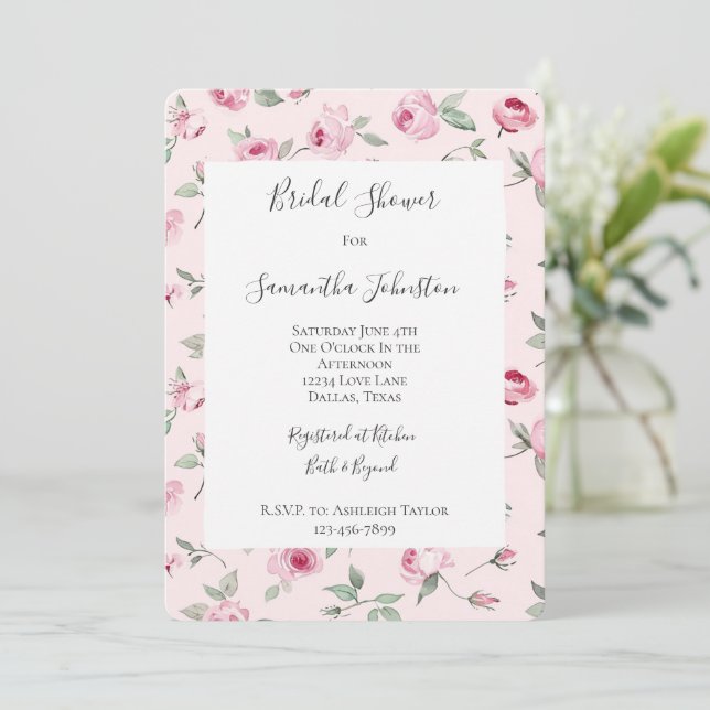 Pretty Pink Roses Floral Bridal Shower Invitation (Standing Front)