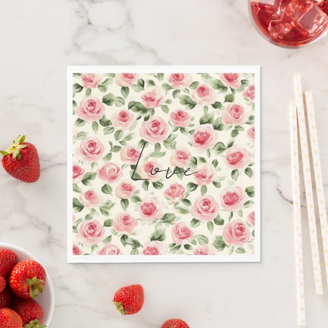 Pretty Pink Roses Floral Bridal Shower Napkin (Insitu)