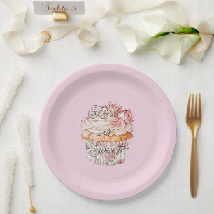 Pretty Pink Roses Floral Cupcake Bridal Shower Paper Plate