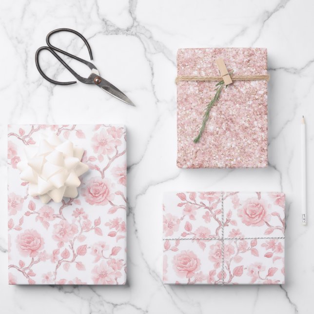Pretty Pink Roses Floral Glitter Bridal Shower Wrapping Paper Sheet (Front)