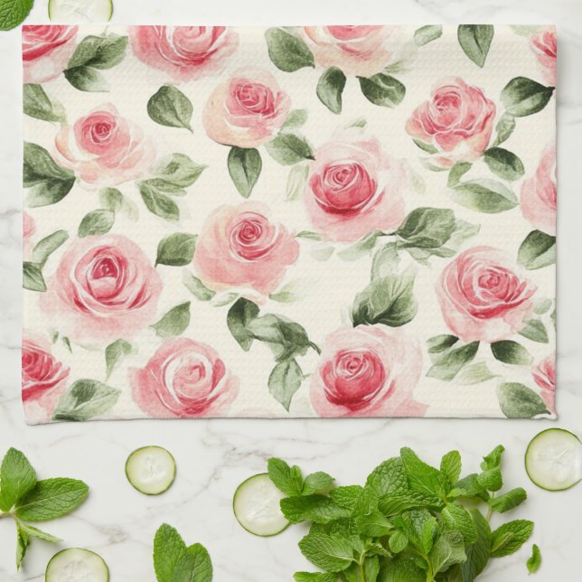Pretty Pink Roses Floral Kitchen Towel (Folded)
