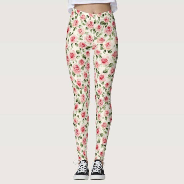 Pretty Pink Roses Floral Leggings (Front)
