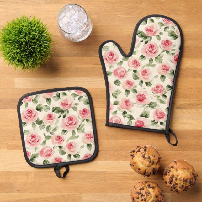 Pretty Pink Roses Floral Oven Mitt & Pot Holder Set (Top Down)