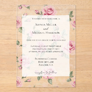 Pretty Pink Roses Floral Wedding Acrylic Invitations