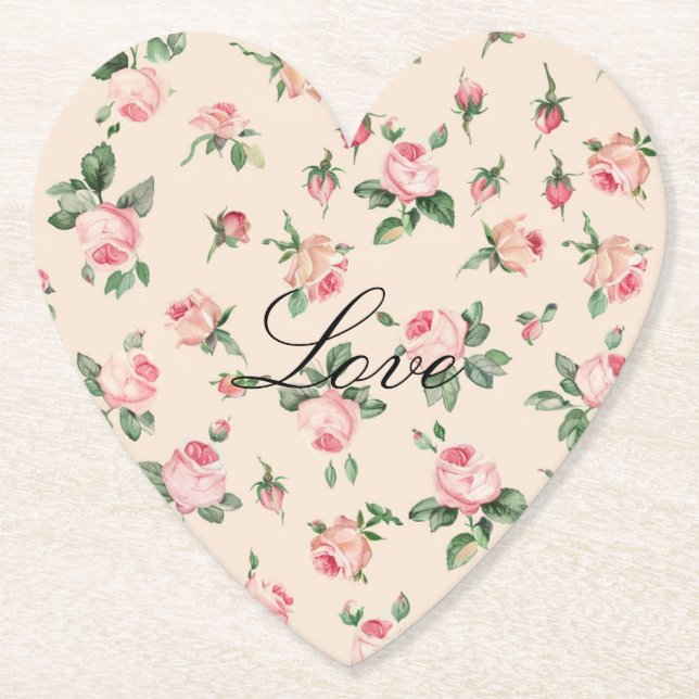 Pretty Pink Roses Floral Wedding Paper Coaster (Front)