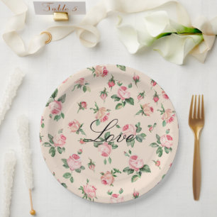 Pretty Pink Roses Floral Wedding Paper Plate