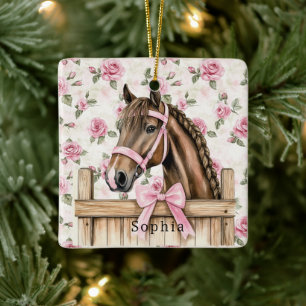 Pretty Pink Roses Horse Christmas Ceramic Ornament